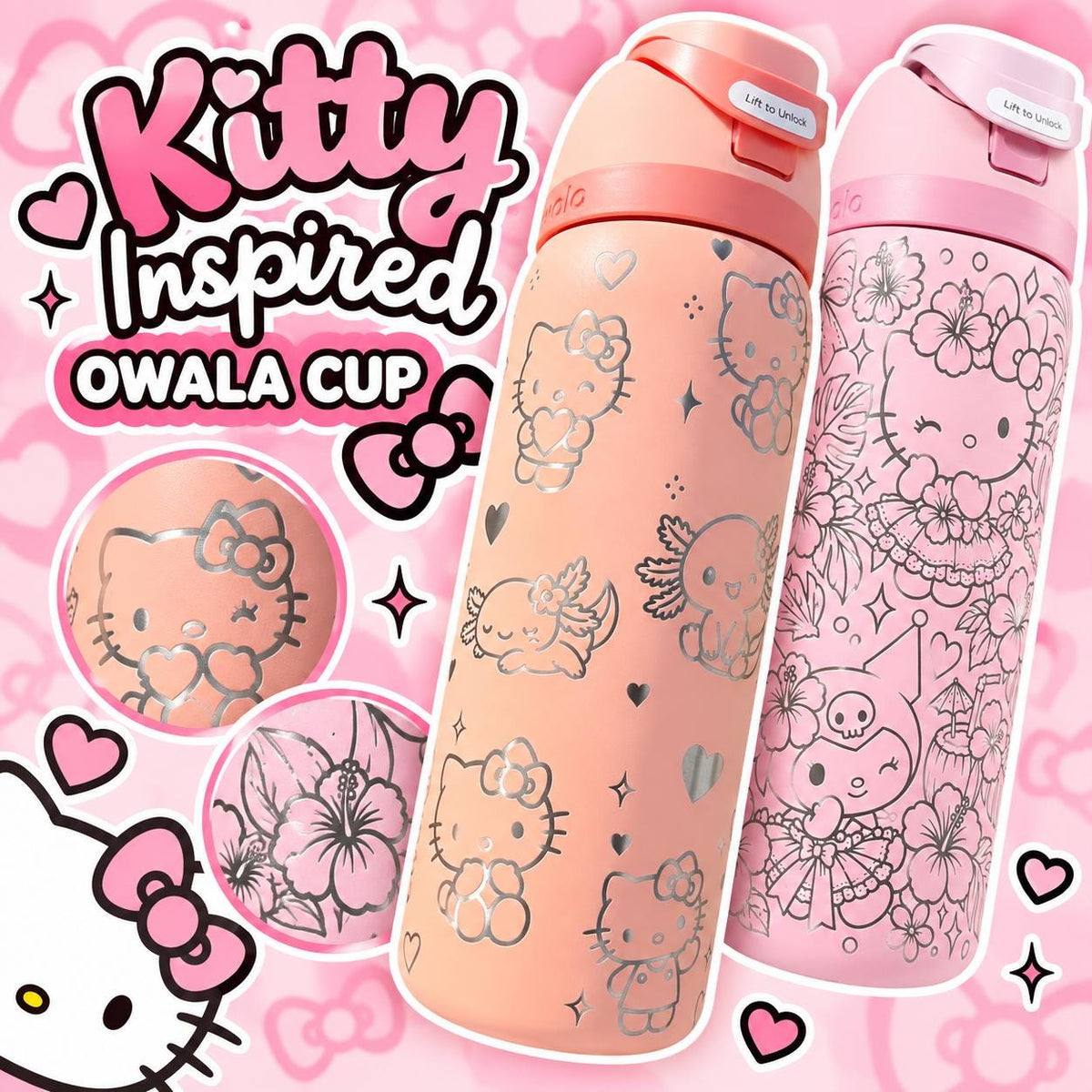 Kitty Inspired Engraved Owala Bottle | Custom Hello Kitty Style Tumbler | Cute Engraved Water Bottle | Floral & Axolotl Cup Gift