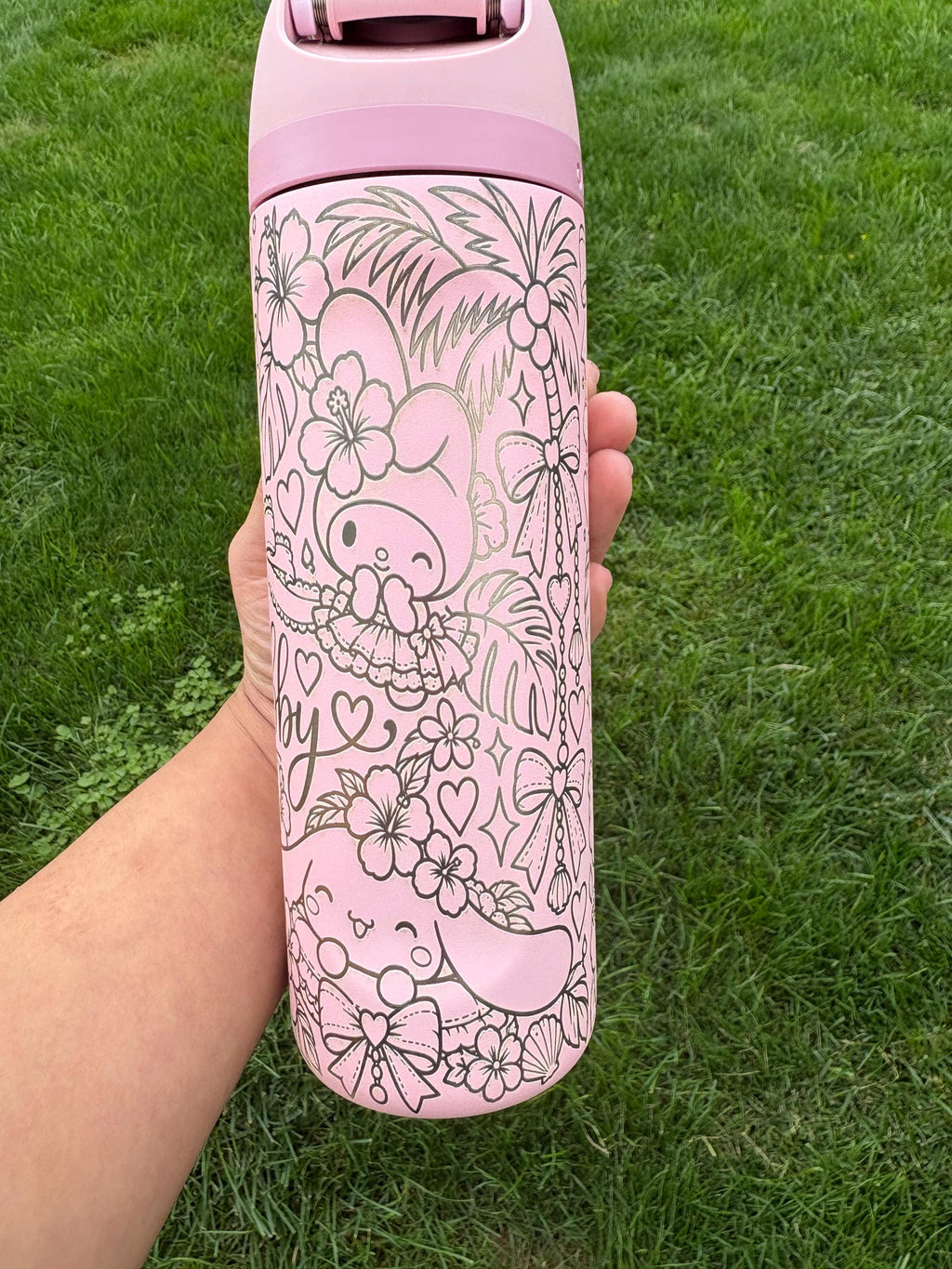 Kitty Inspired Engraved Owala Bottle | Custom Hello Kitty Style Tumbler | Cute Engraved Water Bottle | Floral & Axolotl Cup Gift