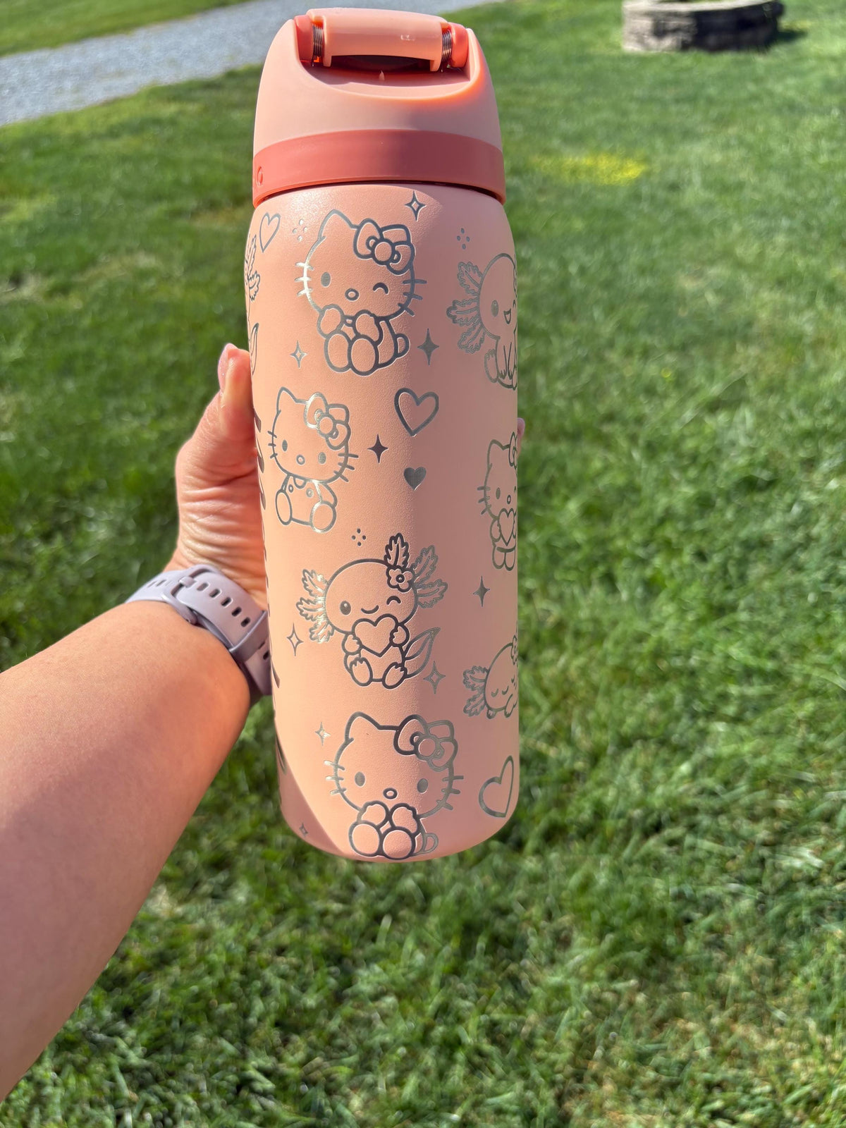 Kitty Inspired Engraved Owala Bottle | Custom Hello Kitty Style Tumbler | Cute Engraved Water Bottle | Floral & Axolotl Cup Gift