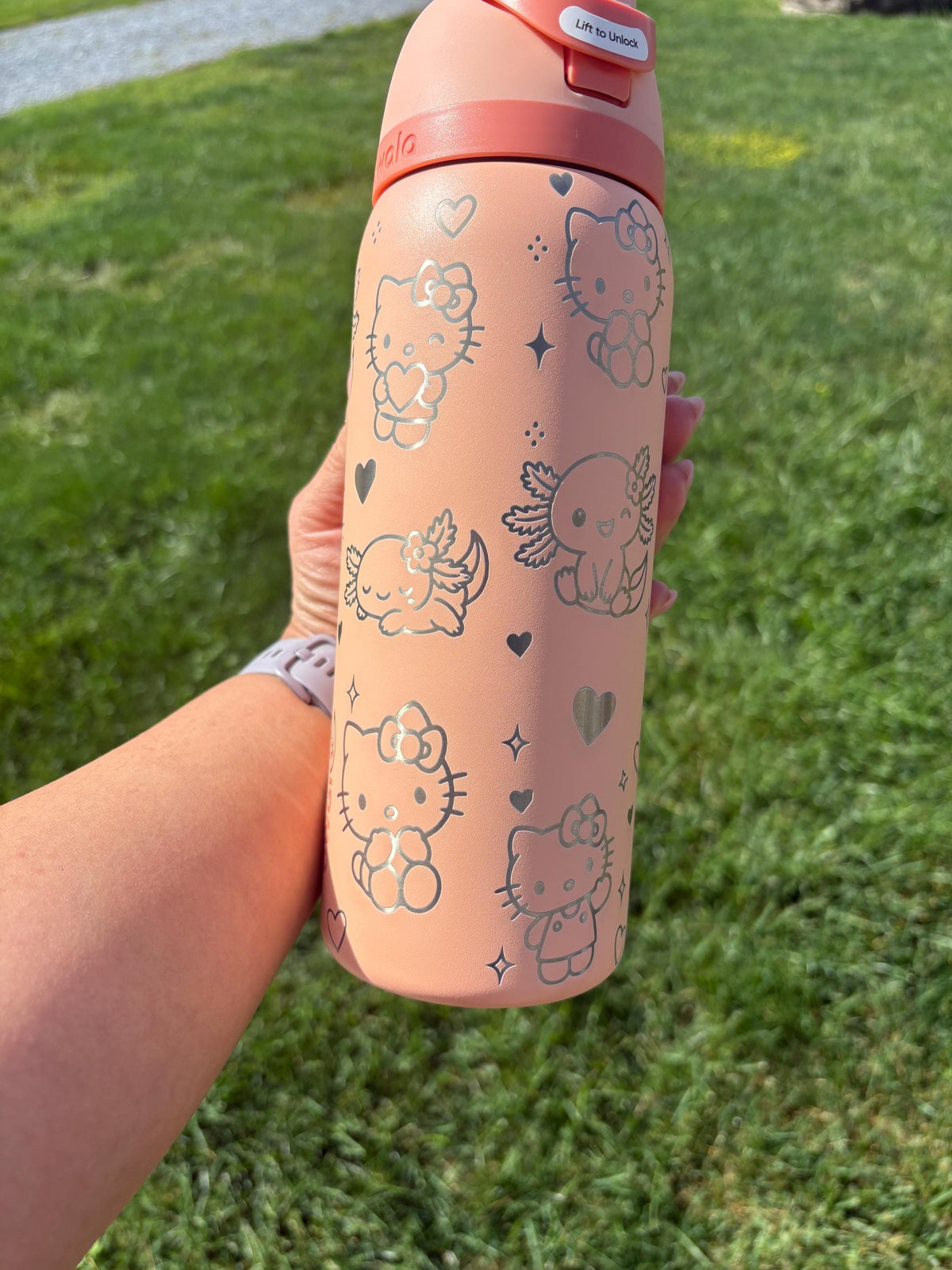 Kitty Inspired Engraved Owala Bottle | Custom Hello Kitty Style Tumbler | Cute Engraved Water Bottle | Floral & Axolotl Cup Gift