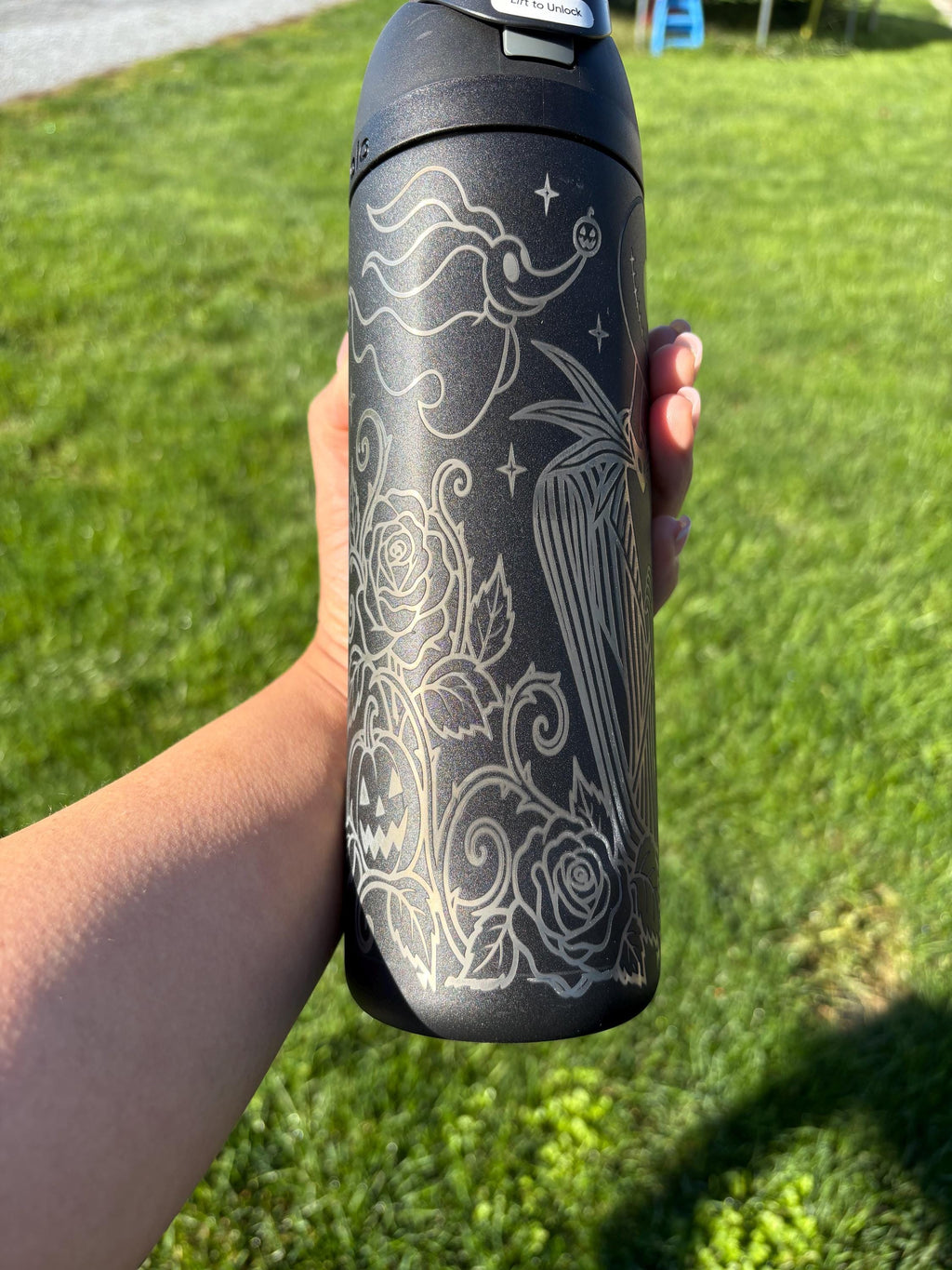 Jack & Sally Engraved Owala FreeSip | Nightmare Before Christmas Inspired Tumbler | Custom Halloween Water Bottle | Gothic Couple Gift