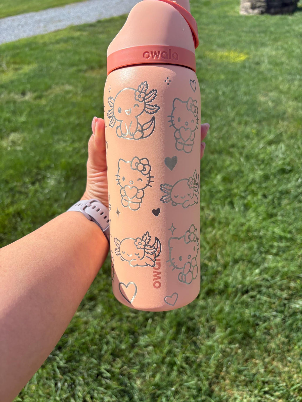 Kitty Inspired Engraved Owala Bottle | Custom Hello Kitty Style Tumbler | Cute Engraved Water Bottle | Floral & Axolotl Cup Gift