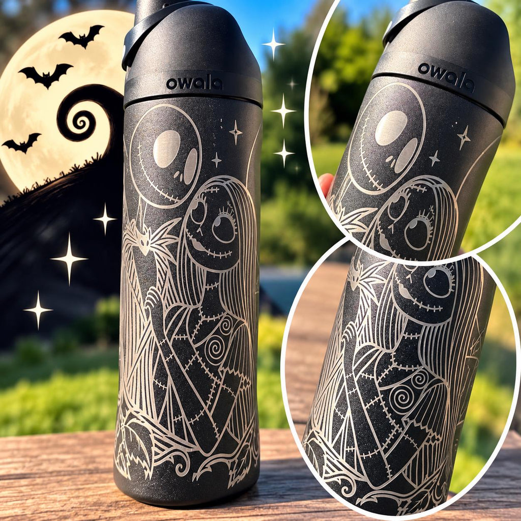 Jack & Sally Engraved Owala FreeSip | Nightmare Before Christmas Inspired Tumbler | Custom Halloween Water Bottle | Gothic Couple Gift