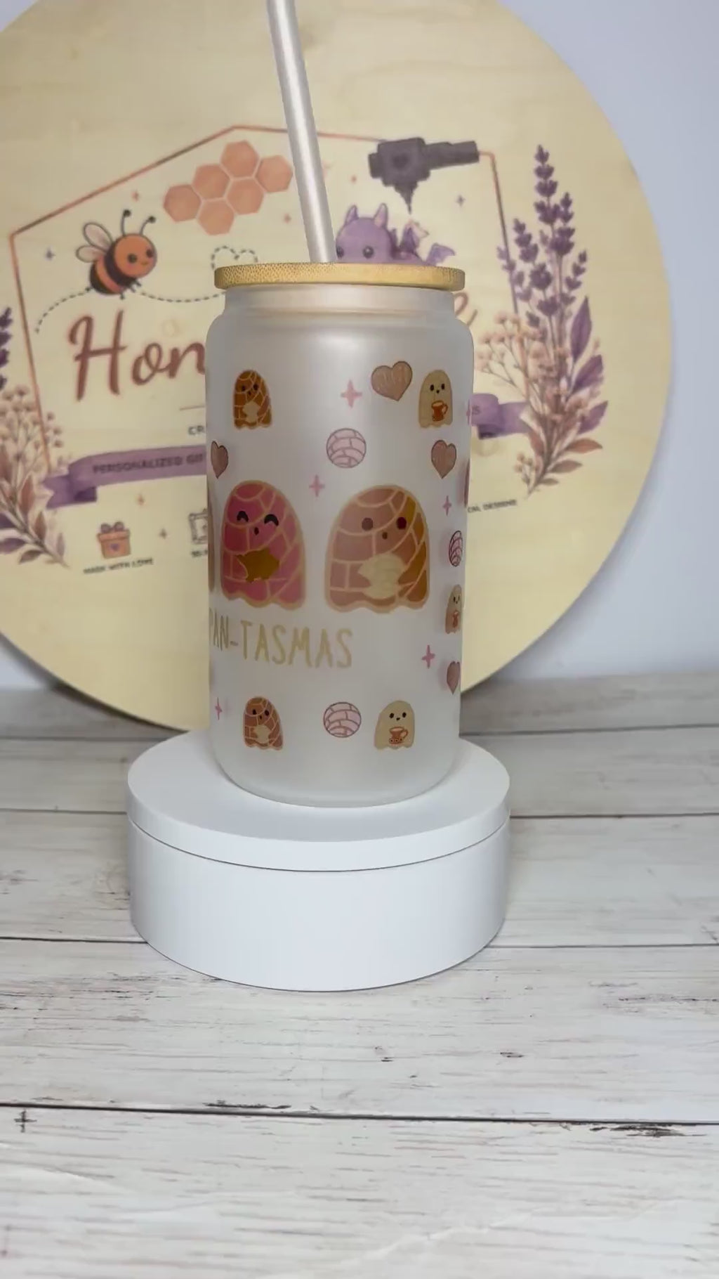 Pan-Tasmas Frosted Glass Can | Ghost Pan Dulce Design, 16oz Iced Coffee Glass (Lid & Straw)