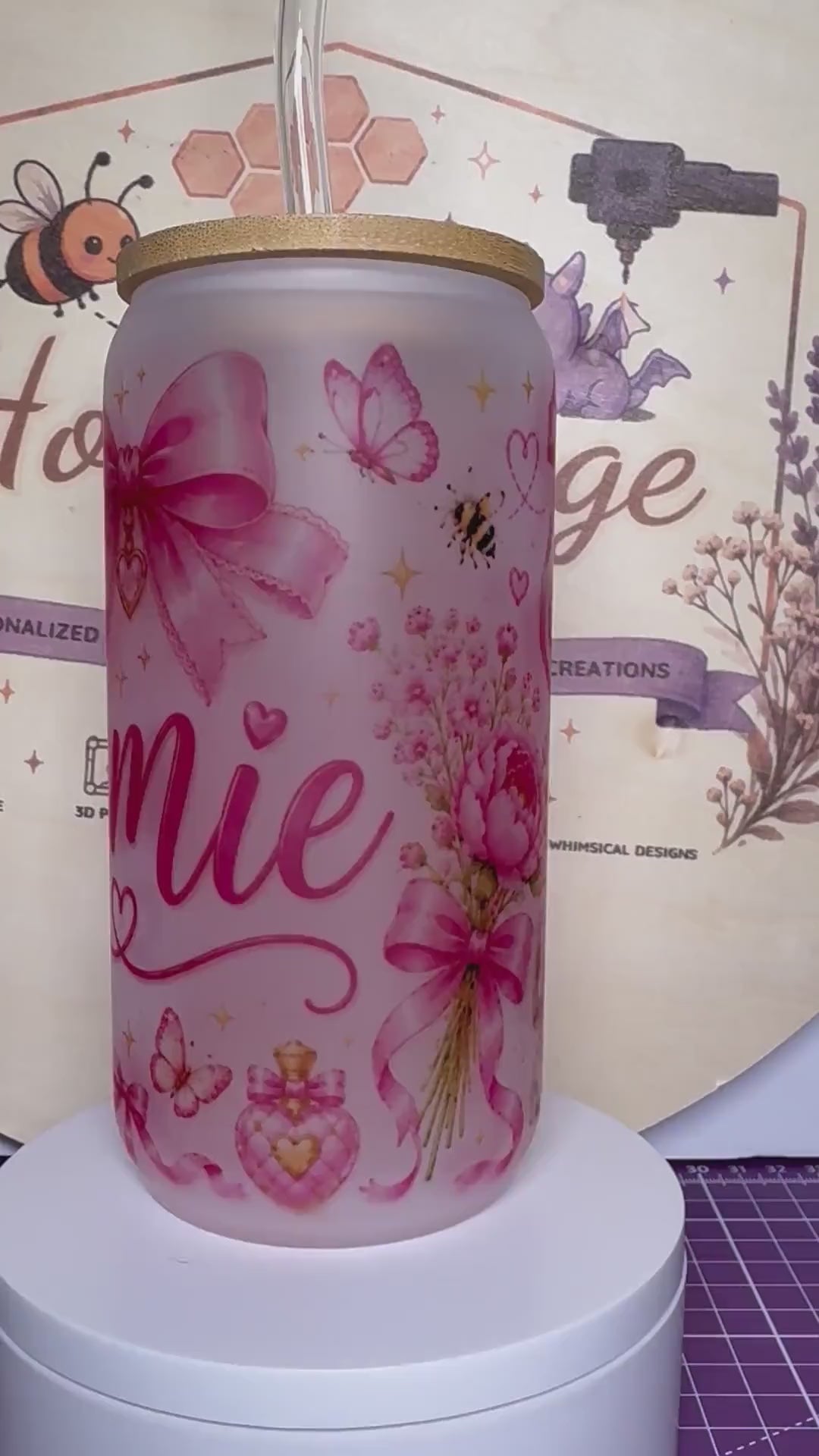 Personalized Frosted Glass Can | Pink Bow Cherry Butterfly Tumbler (16oz)